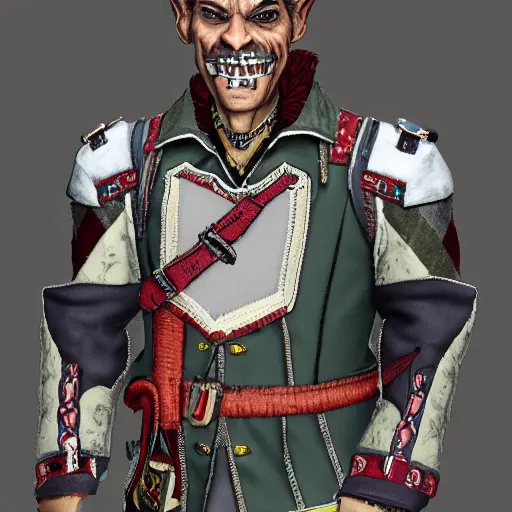 Prompt: portrait of a middle aged half orc, wearing a patchwork military uniform jacket with cut sleeves and many charms and baubles worked into the fabric, with an upturned collar. thin fangs showing through his lower jaw with a bemused smile. blueish grey eyes staring intently with a definite intelligence. final fantasy character