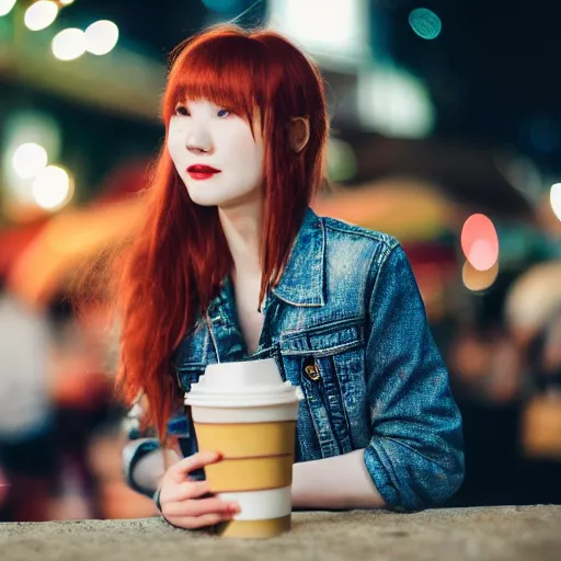 Prompt: Ultra detailed Hasselblad photo of a stunning pale redhead woman sitting and drinking a coffee at an aesthetic night market, large bokeh elements, 8k, perfect lighting, soft focus, high contrast, 28mm lens