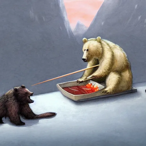 Image similar to bear eating sushi with chopsticks, a detailed matte painting by anton pieck, deviantart contest winner, fantasy art, concept art, official art, matte drawing