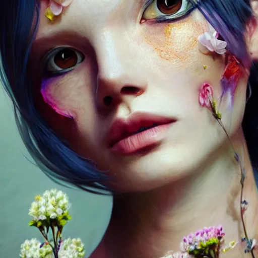 Image similar to hyperrealistic mixed media image of random magic of woman with flowers in eyes, stunning 3 d render inspired art by greg rutkowski and xiang duan and thomas eakes and audrey kawasaki, perfect facial symmetry, flesh texture, realistic, highly detailed attributes and atmosphere, dim volumetric cinematic lighting, 8 k octane detailed render, post - processing, masterpiece,