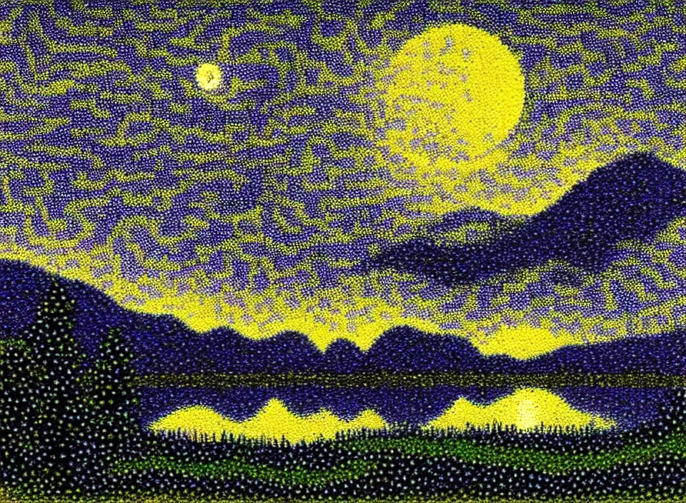 Image similar to a peaceful mountain valley with a lake at night and crescent moon, pointillism