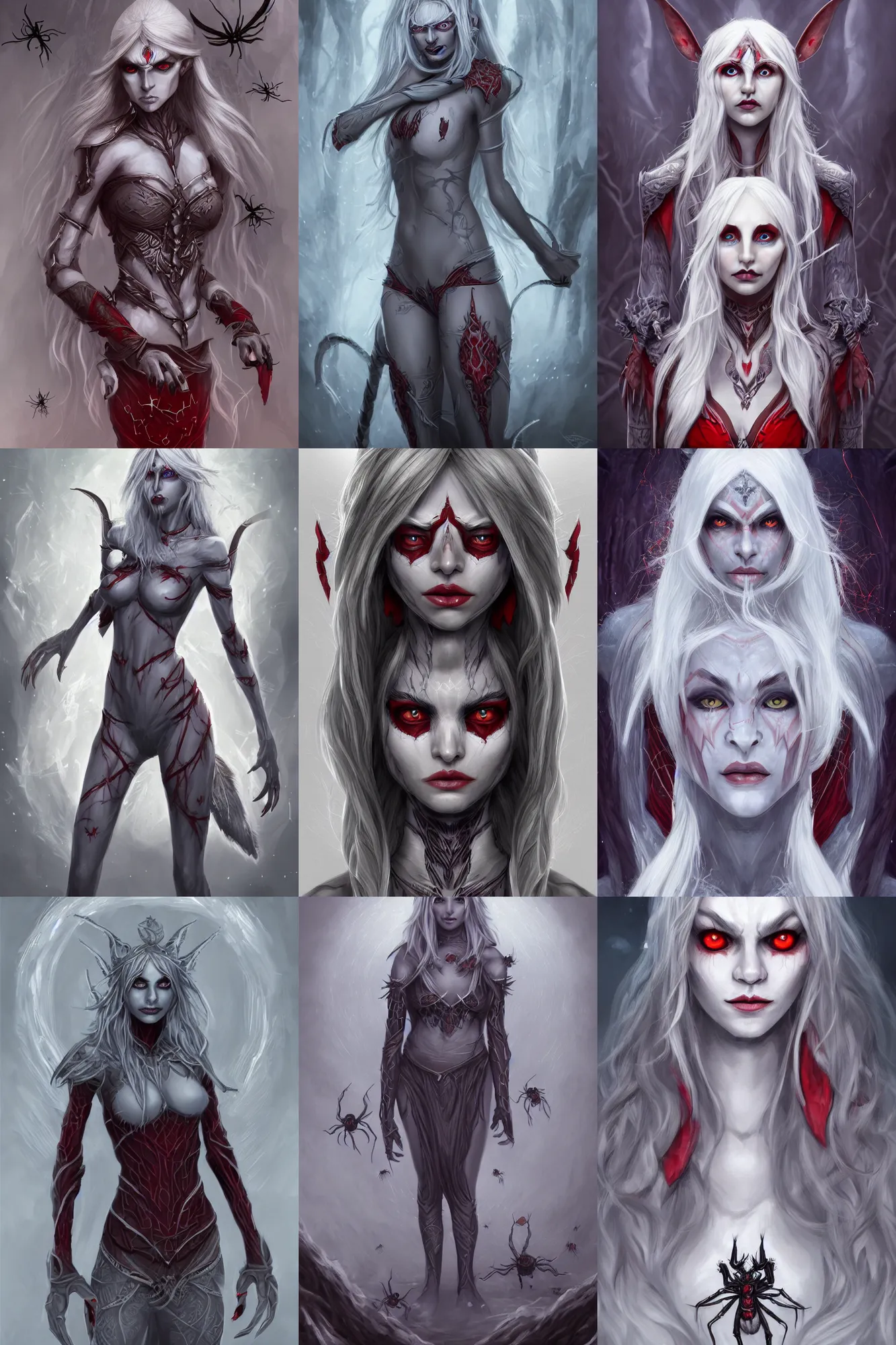 Prompt: full-body portrait of Lloth in beautiful female Drow elf form (grey skin, red eyes, white hair, beautiful, symmetrical face, pointed ears) and surrounded by spiders, dark fantasy, trending on ArtStation, 8k, photorealistic, digital art, D&D