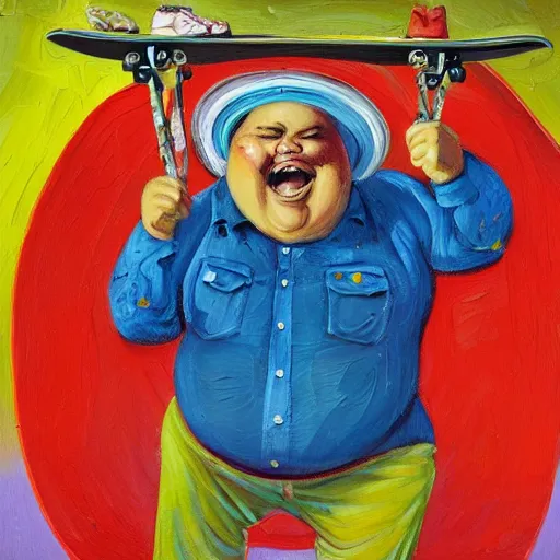 Prompt: happy fat man in a hawaiian shirt, skateboarding, oil on canvas