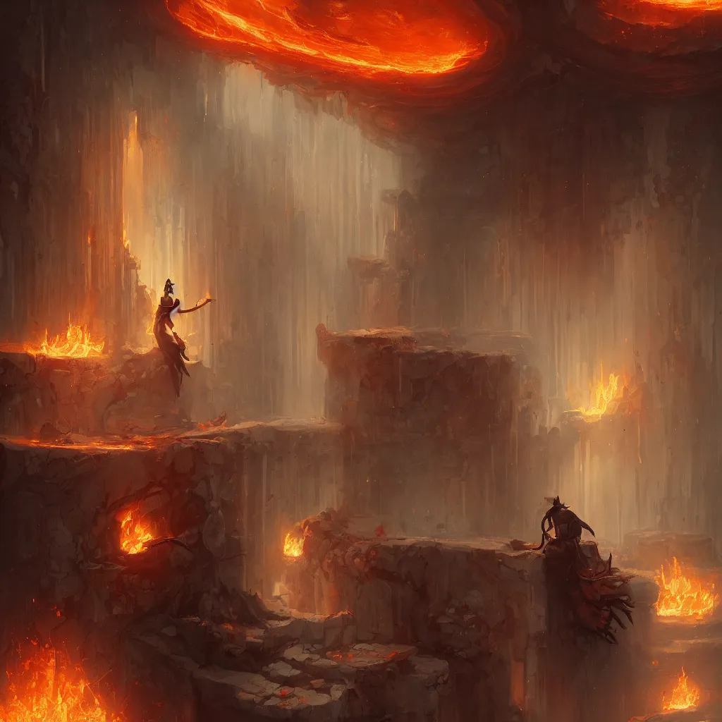 Prompt: a fire demon in a store contemplating which brand of water to buy while shopping, digital painting, illustration, high quality, fantasy, wooden interior, style by jordan grimmer and greg rutkowski