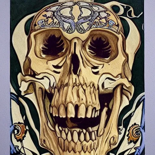 Image similar to a giant skeleton laughing, art nouveau, beautiful, detailed