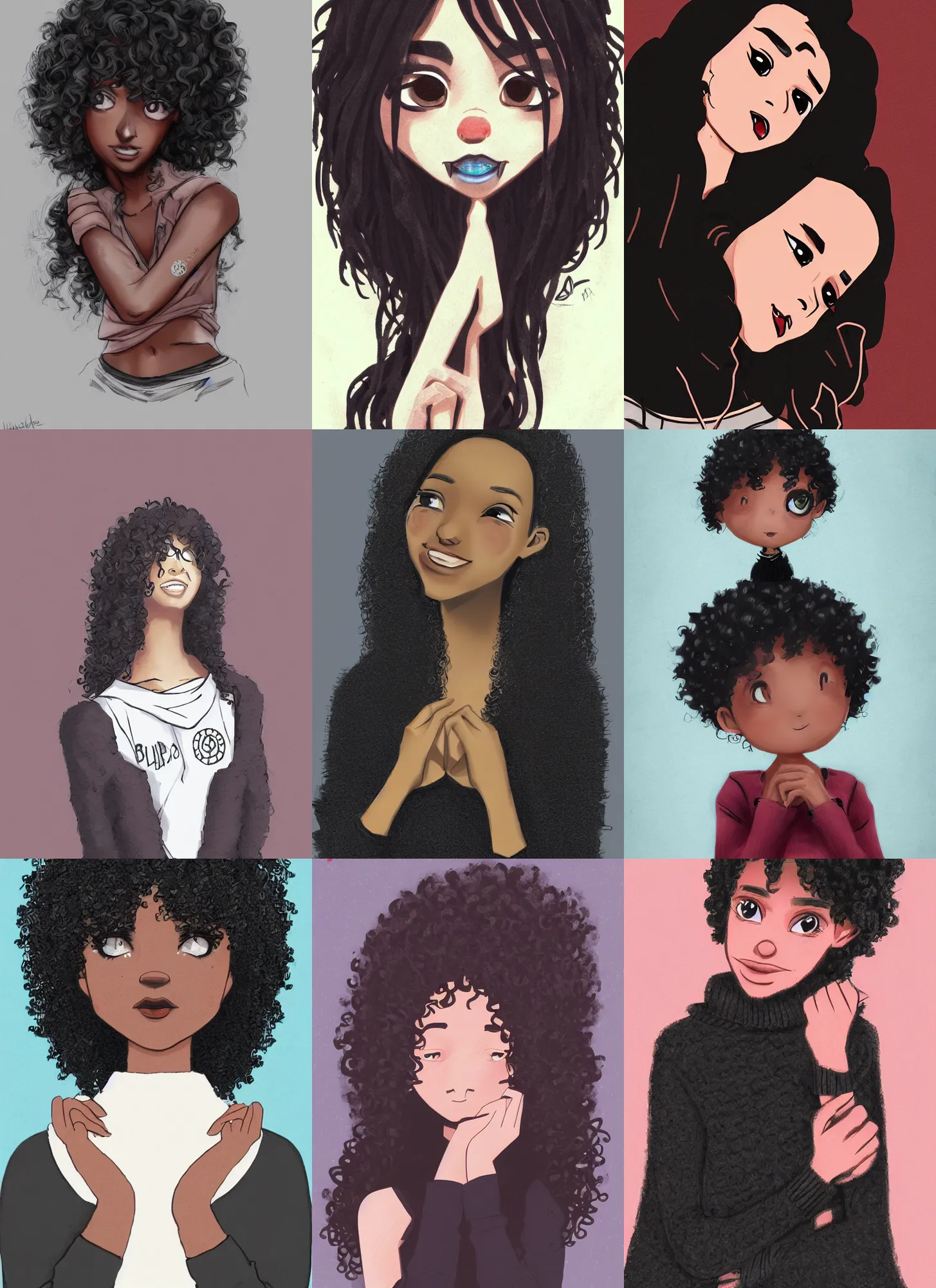 Prompt: a shy dark skinned brazilian girl blushing, cute, black curly hair, wearing a black sweater with the male symbol drawn on it, digital art, artstation, smooth