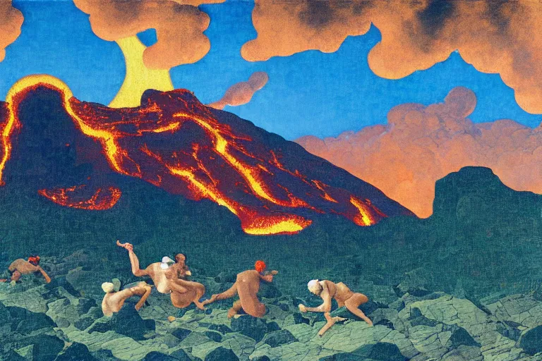 Image similar to painting of the hell, fire, lava, clouds, romantic, by ludwig deutsch and maxfield parrish, patterned tilework, extremely detailed, cinematic lighting, smooth sharp focus
