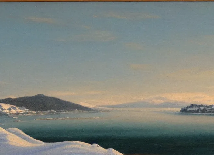 Prompt: the coast of hokkaido in winter, japan in the style of hudson river school of art, oil on canvas