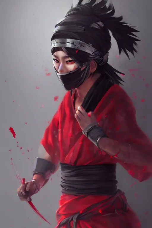 Prompt: native japanese young woman dressed like shinobi ninja, focused stare, partially masked, highly detailed, photobash, photorealistic render, trending on artstation, character design, red background, cinematic lighting