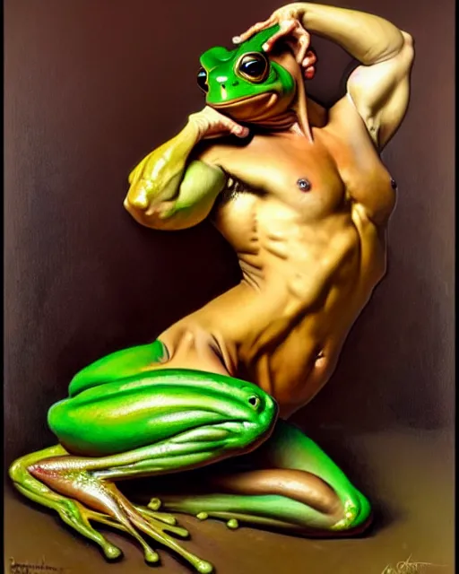 Image similar to full body painting of a frog bodybuilder, oil on canvas, art by greg rutkowski and alphonse mucha