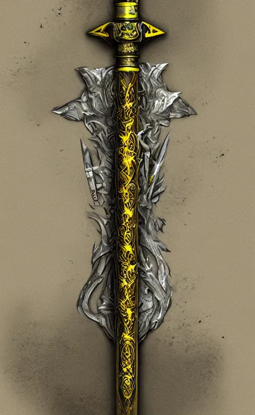 Image similar to silver sword with its blade covered in glowing yellow sigils, realistic, high quality, artstation, concept art