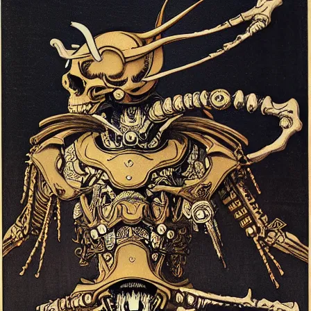 Image similar to still frame from Prometheus by Utagawa Kuniyoshi, lich king Dr doom in ornate bio cybernetic bone armour and skull mask helmet in hells bioship by Wayne Barlowe by peter Mohrbacher by Giger, dressed by Alexander McQueen and by Neri Oxman, metal couture hate couture editorial