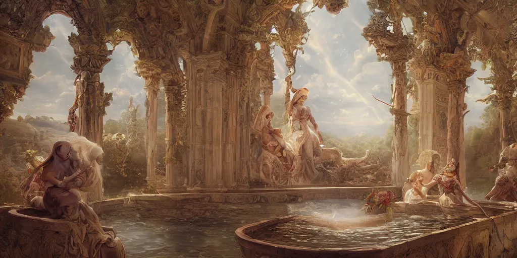 Image similar to a stunning and noble highly detailed romantic period style painting of the place where gods come into being by james jean, josep tapiro baro and harles sillem lidderdale, trending on artstation, oil painting masterpiece, symmetry, rule of thirds, mysterious