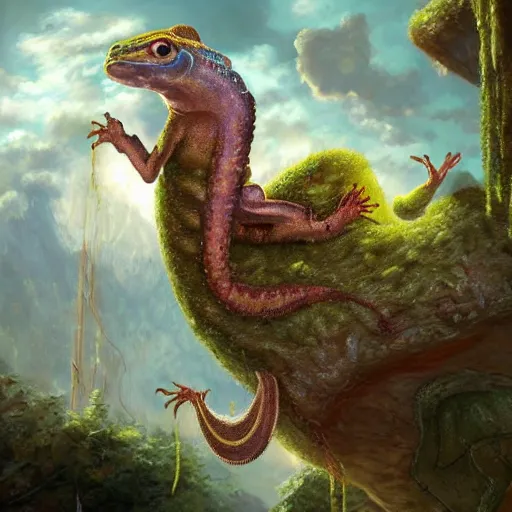 Image similar to a man rides on a gigantic Gecko, Fantasy Art