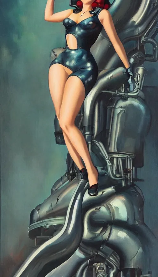 Image similar to full body cyberpunk beautiful woman in the style of a 1 9 4 0 s oil painted pin - up painted on a boeing b 2 9