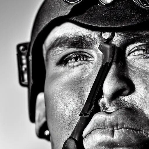 Prompt: close up face male portrait of a swat tactical police officer.