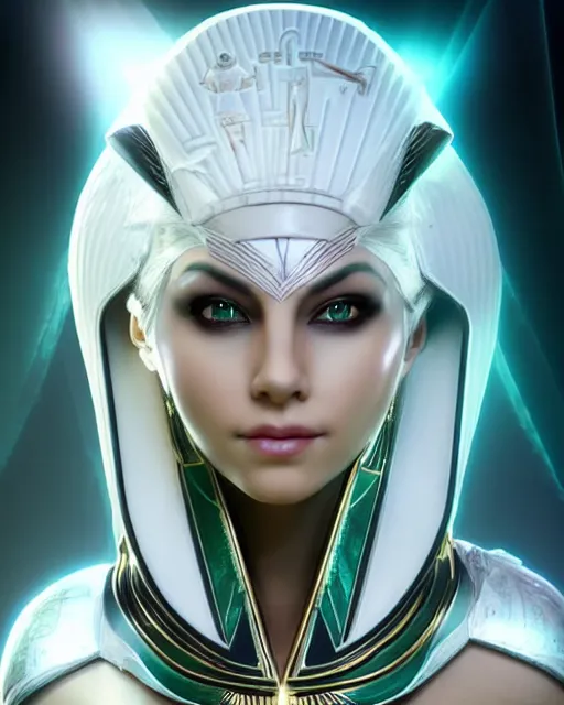 Image similar to perfect white haired attractive egyptian goddess, warframe armor, pharaoh headdress, beautiful, symmetric, dreamy, half asian, pretty face, green eyes, charlize theron, detailed, scifi platform, laboratory, experiment, 4 k, ultra realistic, epic lighting, android body, illuminated, cinematic, masterpiece, art by akihito tsukushi, voidstar