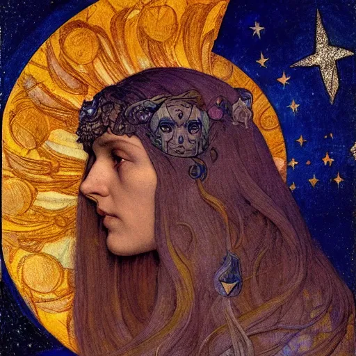 Image similar to queen of the moon with stars in her hair, by nicholas roerich and annie swynnerton and donato giancola and jean delville and dulac, dramatic lighting, god rays, geometric tattoos, rich colors, smooth sharp focus, extremely detailed, leo and diane dillon, adolf wolfli