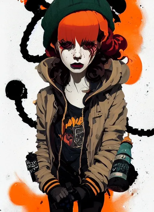 Image similar to highly detailed portrait of a sewer punk lady, tartan hoody, ringlet hair by atey ghailan, by greg rutkowski, by greg tocchini, by james gilleard, by joe fenton, by kaethe butcher, gradient orange, black, cream and white color scheme, grunge aesthetic!!! ( ( graffiti tag wall background ) )