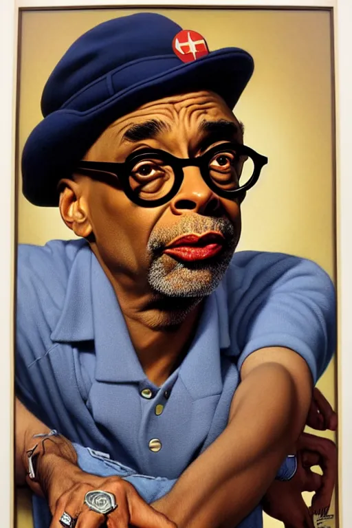 Image similar to spike lee by gil elvgren and norman rockwell and rob gonsalves and hajime sorayama, hyperrealistic, high detail, ultra detailed, highly detailed face, ruffled fabric