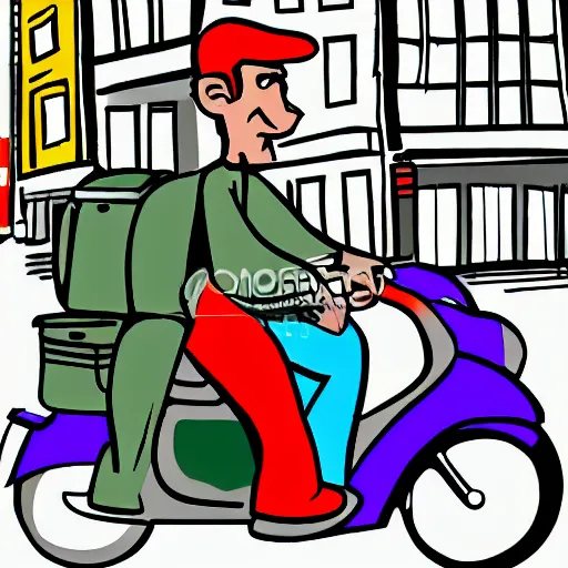 Prompt: drawn cartoon of a delivery driver on moped delivering packages on a long windy city street, bright color, bubbly, digital cartoon syle image, no blur, white background