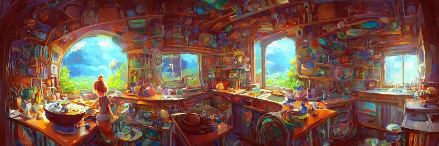 Prompt: fisheye spiral lines, naive nerikomi, weird perspective, extra narrow, detailed illustration of a kitchen dimly lit by rhads from lorax movie, trending artstation, true color