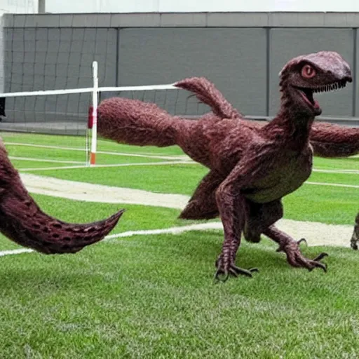 Prompt: velociraptors playing volleyball