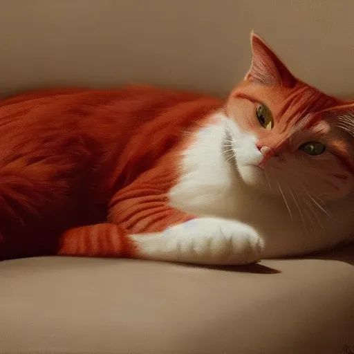 Prompt: a beautiful painting of a red cat laying on a fluffy pillow in a leather chair by Aaron Blaise and Craig Mullins, highly detailed, trending on artstation, unreal engine, octane render,