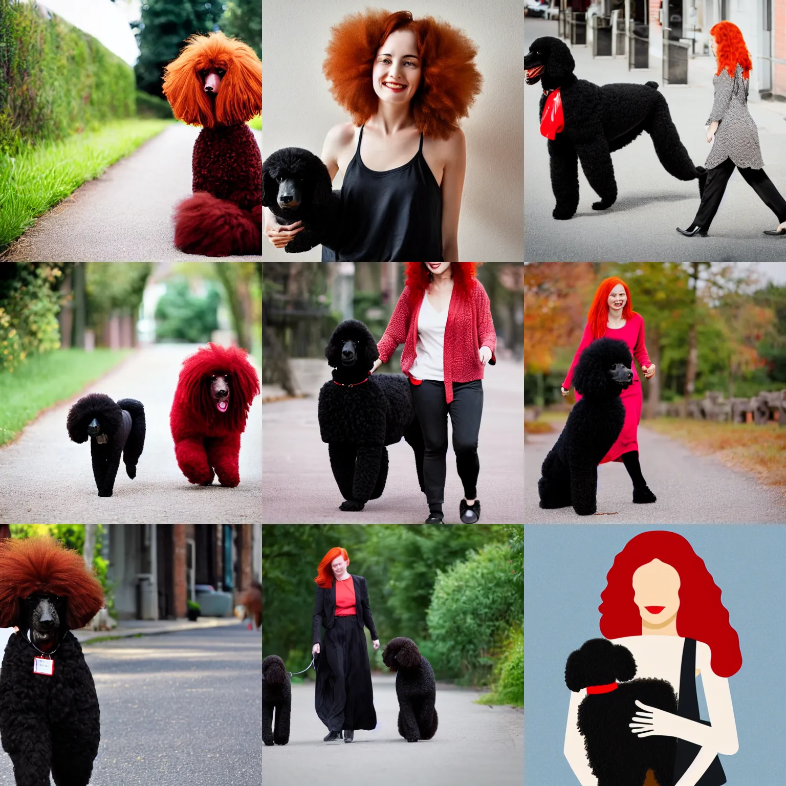 Prompt: red - haired woman walking her black poodle