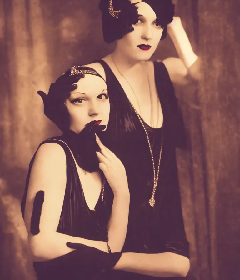 Image similar to colored shot of a 1 9 2 0 s short - haired flapper woman in black satin gloves looking at the camera, at a party in a dimly lit speakeasy bar, jazz age, precise, wide shot, cohesive, art deco, cinematic, low - lighting, photography