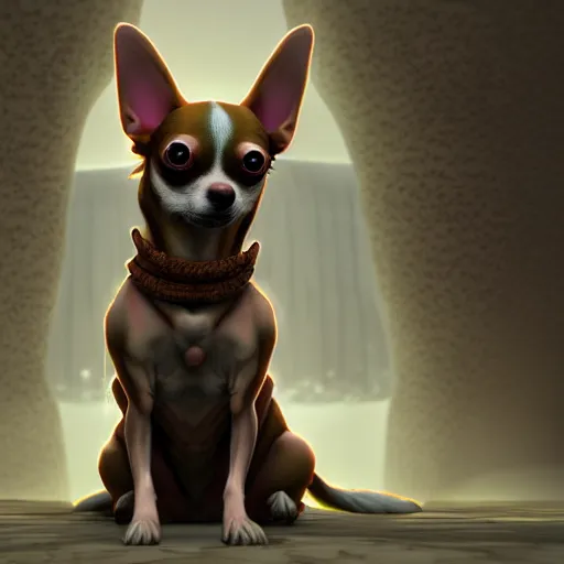 Prompt: antropomorphic!!!!!!!!!!!! chihuahua man living in an extradimensional reality where it is a god, in the style of wlop, illustration, epic, fantasy, hyper detailed, smooth, unreal engine, sharp focus, ray tracing, physically based rendering, renderman, beautiful