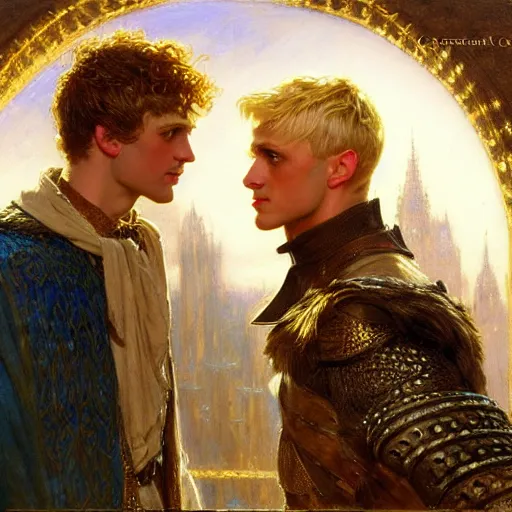 Prompt: attractive arthur pendragon in love with attractive male merlin the mage. they are in love. highly detailed painting by gaston bussiere, craig mullins, j. c. leyendecker