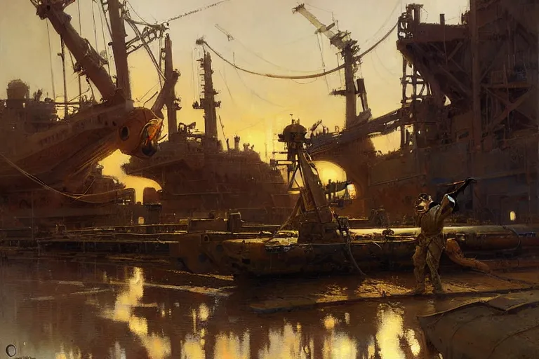 Image similar to us soldier in shipyard dieselpunk painting by gaston bussiere, craig mullins, j. c. leyendecker