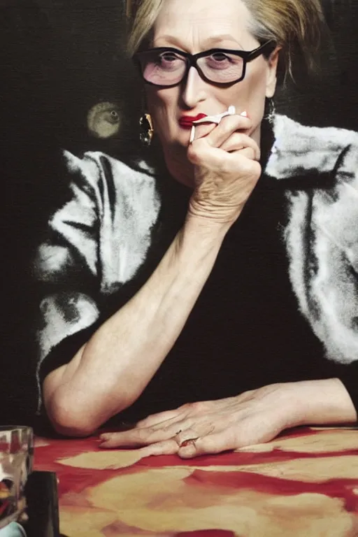 Prompt: overpainted photography portrait of meryl streep smoking a cigarette at a table by cindy sherman and gerhard richter, dim light, black and white