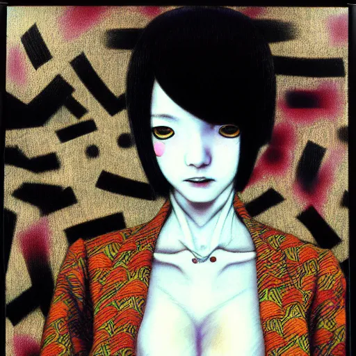 Image similar to yoshitaka amano blurred and dreamy realistic portrait of a young woman with black lipstick and black eyes wearing office suit with tie, junji ito abstract patterns in the background, satoshi kon anime, head turned to the side, noisy film grain effect, highly detailed, renaissance oil painting, low camera angle, blurred lost edges