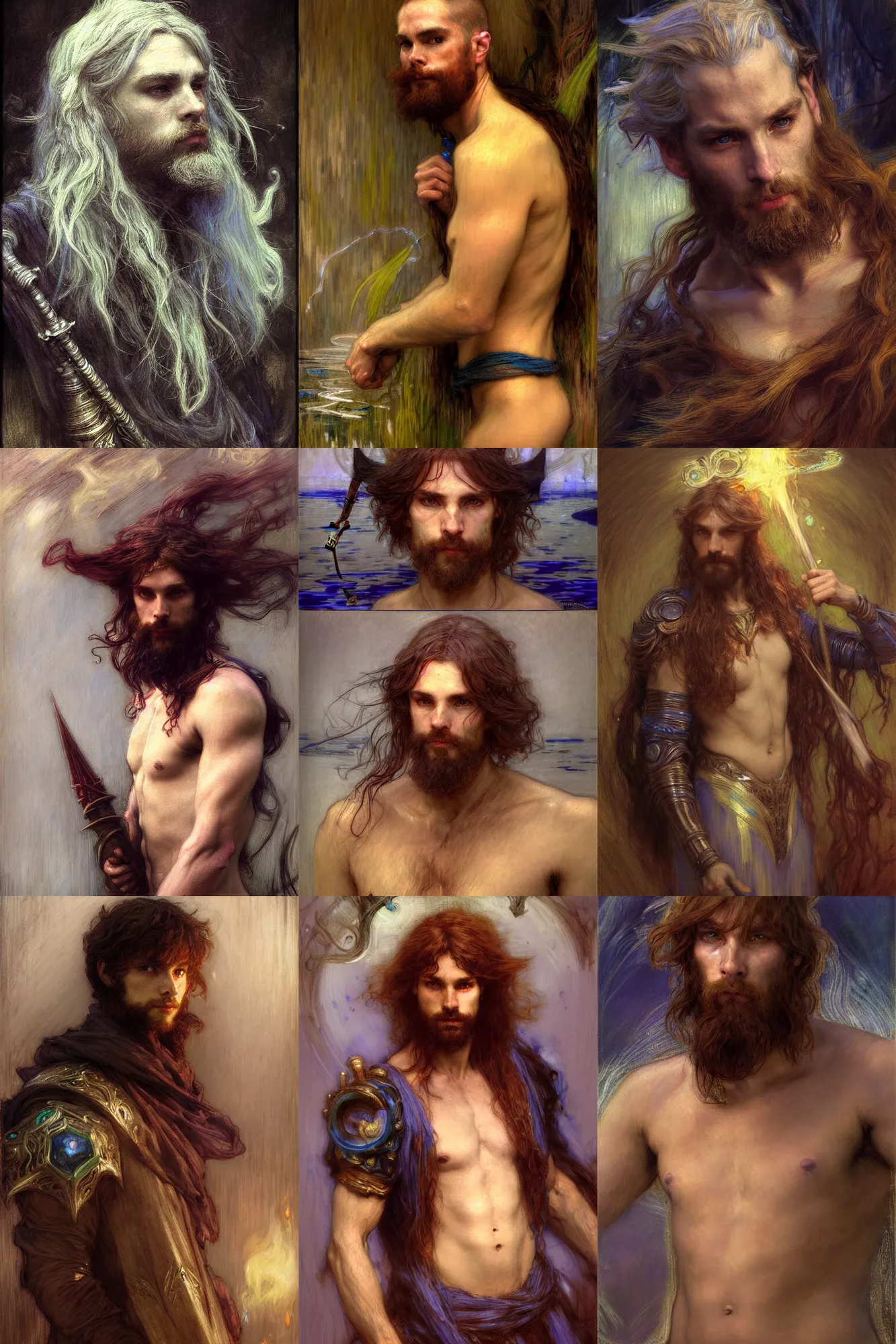 Prompt: realistic portrait beautiful concept art of a male wizard of the water element league of legend character, created by gaston bussiere and john everett millais, jules bastien lepage, john william waterhouse, high detailed, smooth draw, synthwave neon retro, intricate, soft light, soft mood, trending on artstation