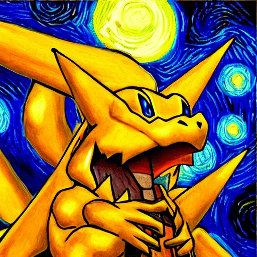 Image similar to Charizard pokemon in the style of Van Gogh, starry night, oil painting, detailed, trending on artstation
