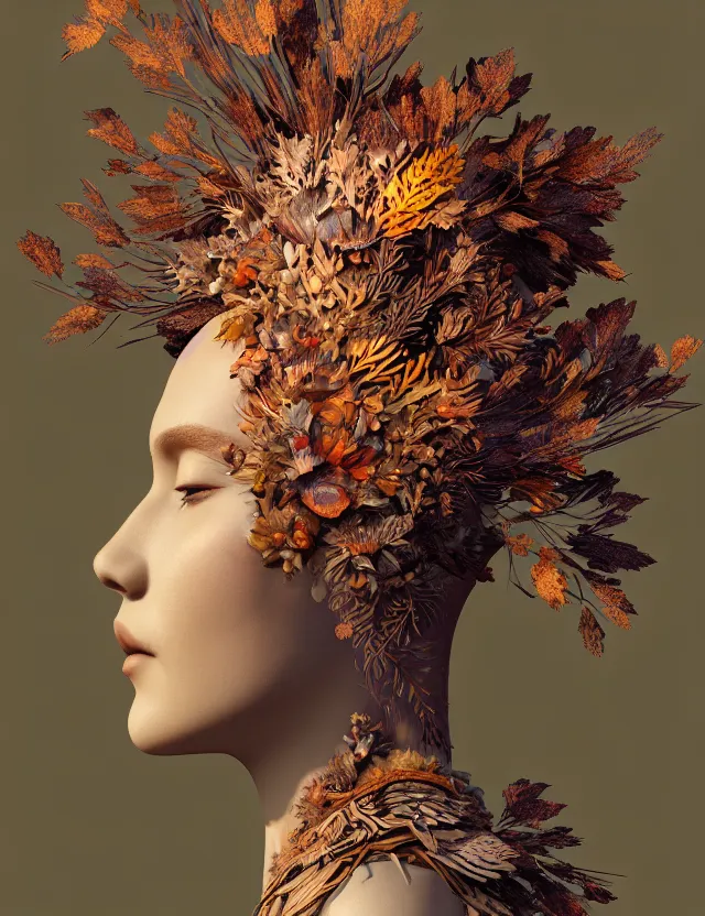 Image similar to 3 d goddess close - up profile portrait wearing a beautiful intricately detailed autumn mask, fall leaves, thistles, phoenix, dried plants, foxes, wind, creature, artwork by tooth wu and wlop and beeple and greg rutkowski
