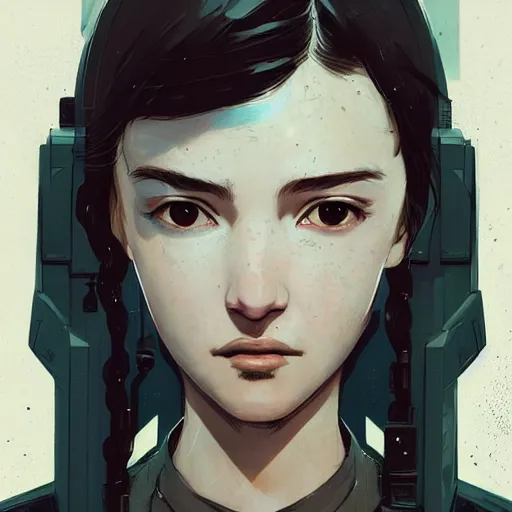 Prompt: Highly detailed portrait of a cyberpunk young lady with, freckles and wavy hair by Atey Ghailan, by Loish, by Bryan Lee O'Malley, by Cliff Chiang, by Greg Rutkowski, inspired by image comics, inspired by graphic novel cover art, inspired by nier!! Gradient white color scheme ((grafitti tag brick wall background)), trending on artstation