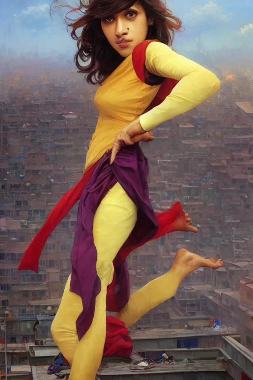 Image similar to A Full View of Kamala Khan Iman Vellani on a rooftop. MCU. masterpiece 4k digital illustration by Ruan Jia and Mandy Jurgens and Artgerm and greg rutkowski and Alexander Tsaruk and WLOP and william-adolphe bouguereau, award winning, Artstation, art nouveau aesthetic, Alphonse Mucha background, intricate details, realistic, panoramic view, Hyperdetailed, 8k resolution, intricate art nouveau