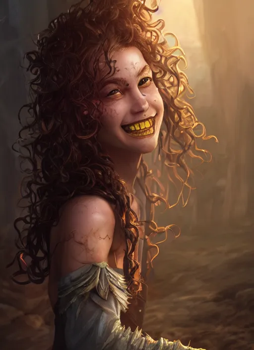 Image similar to an epic fantasy comic book style portrait painting of a girl wearing fantasy makeup with a mischievous smile and curly brown hair stepping out of a doorway with light shining behind her, unreal 5, daz, hyperrealistic, octane render, cosplay, rpg portrait, dynamic lighting