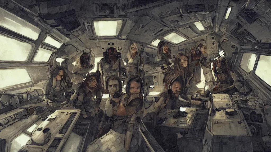 Image similar to all - female crew in a minimalistic, dark ( spaceship ), by jon foster.