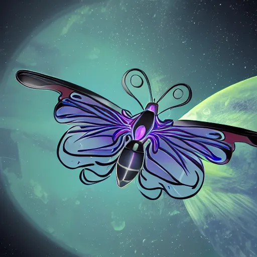 Prompt: a butterfly with mechanical wings flying past a space station, sci-fi, illustration