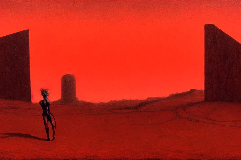 Image similar to only with red, a red god of death eat apple, a futuristic city on mars in background, an ancient path, pathos, in the style of beksinski, part by hopper, part by rodcenko, part by hofbauer, intricate composition, red by caravaggio, insanely quality, highly detailed, masterpiece, red light, artstation, 8 k