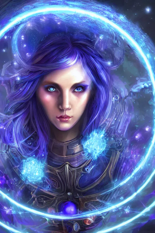 Image similar to Path of Exile, Maven, blue eyes female image with silver purple hair among colourful lights, dark blue spheres fly around, Anachronism, painting, dark fantasy, steampunk, 4k