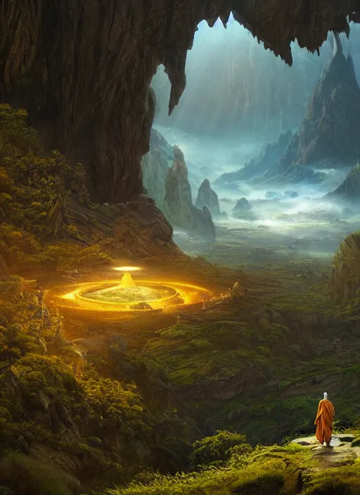 Prompt: a cosmic monk in lord of the rings scenery landscape, looking out at a vast lush valley at sunrise, alien temple on another planet, god's rays, highly detailed, vivid color, cinematic lighting, perfect composition, 8 k, gustave dore, derek zabrocki, greg rutkowski, belsinski, octane render