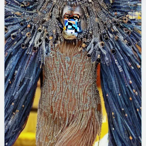 Image similar to An orangutan wearing a beaded navy designer dress and sapphires attending the Met Gala, hyperdetailed, photorealistic, high fashion