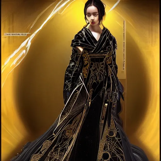 Image similar to Photorealistic illustration, 3/4 view of Korean fashion model in Star Wars sith black and gold robes, sci-fi, futuristic, intricate, elegant, highly detailed, digital painting, artstation, concept art, smooth, sharp focus, art by artgerm, greg rutkowski and alphonse mucha