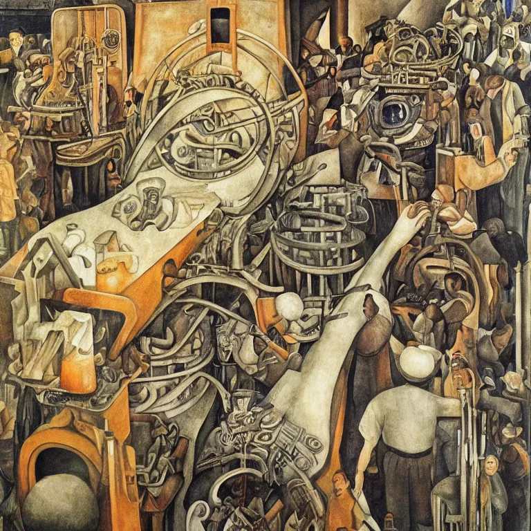 Image similar to time machine, diego rivera and georg scholz highly detailed