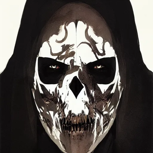 Image similar to portrait of a character wearing a black cloak, with a white mask in the shape of a deer skull, the mask covers her entire face, dramatic lighting, illustration by Greg rutkowski, yoji shinkawa, 4k, digital art, concept art, trending on artstation